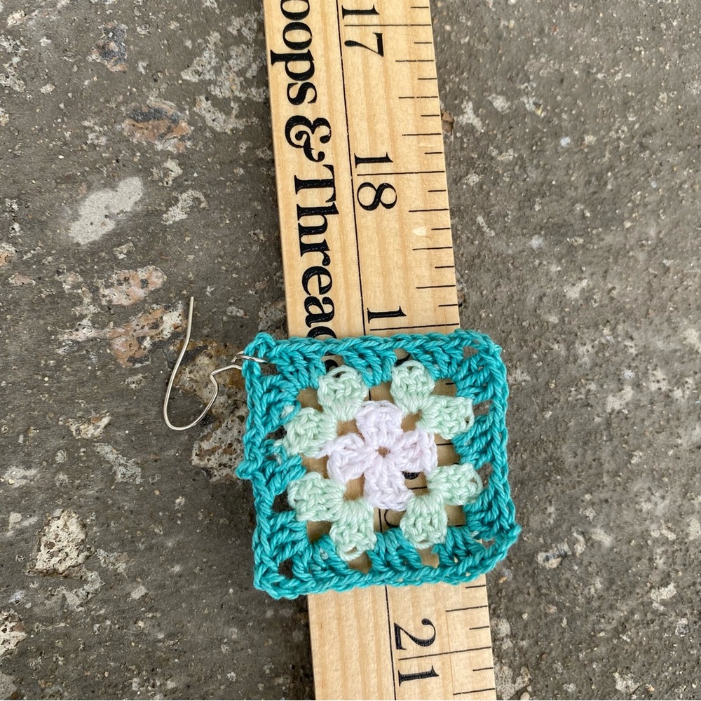 Crochet Granny Square Earrings - Turquoise Mint - Picture 7 of 7